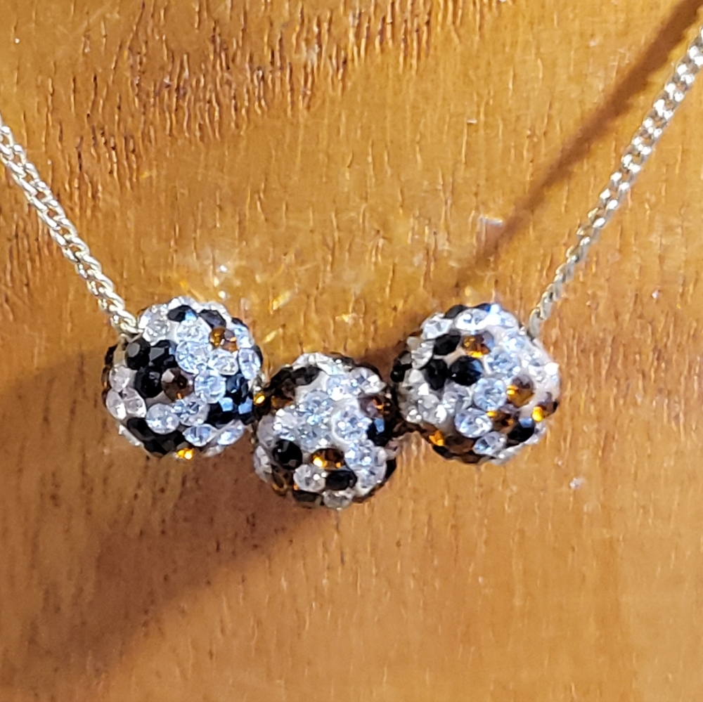 Signed Mark Triple Disco Ball Necklace Black, Amber & Icy Rhinestones 16" Long